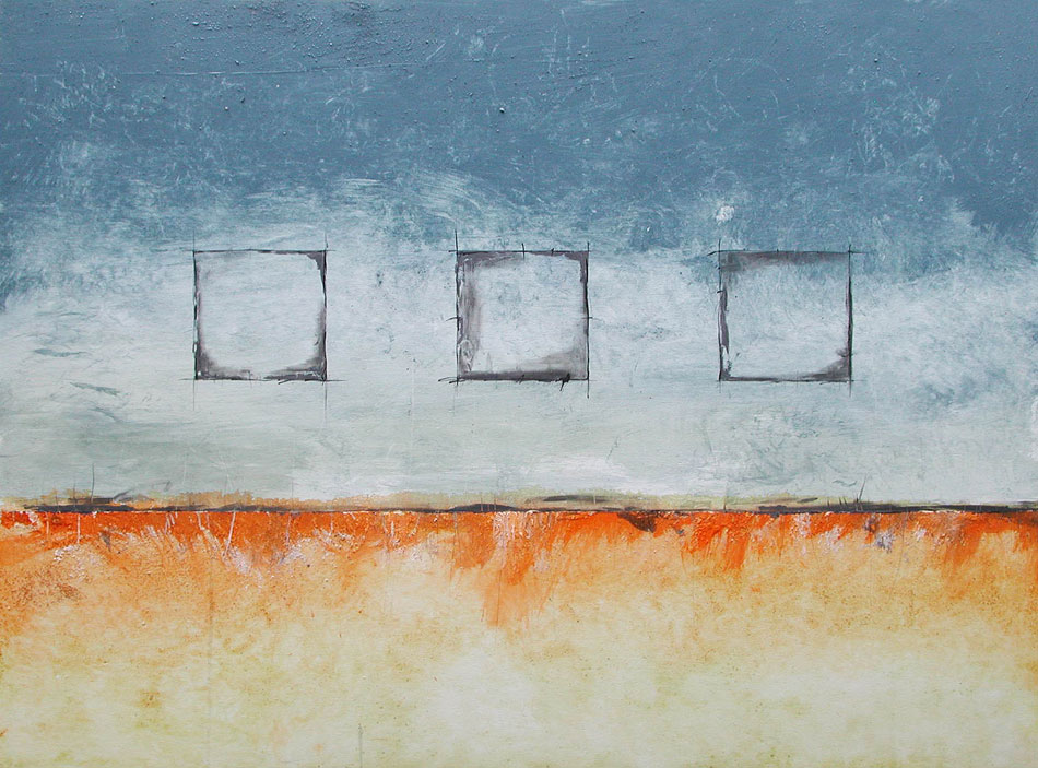 Mixed media painting by Domenick Naccarato with three squares and blue and orange colors
