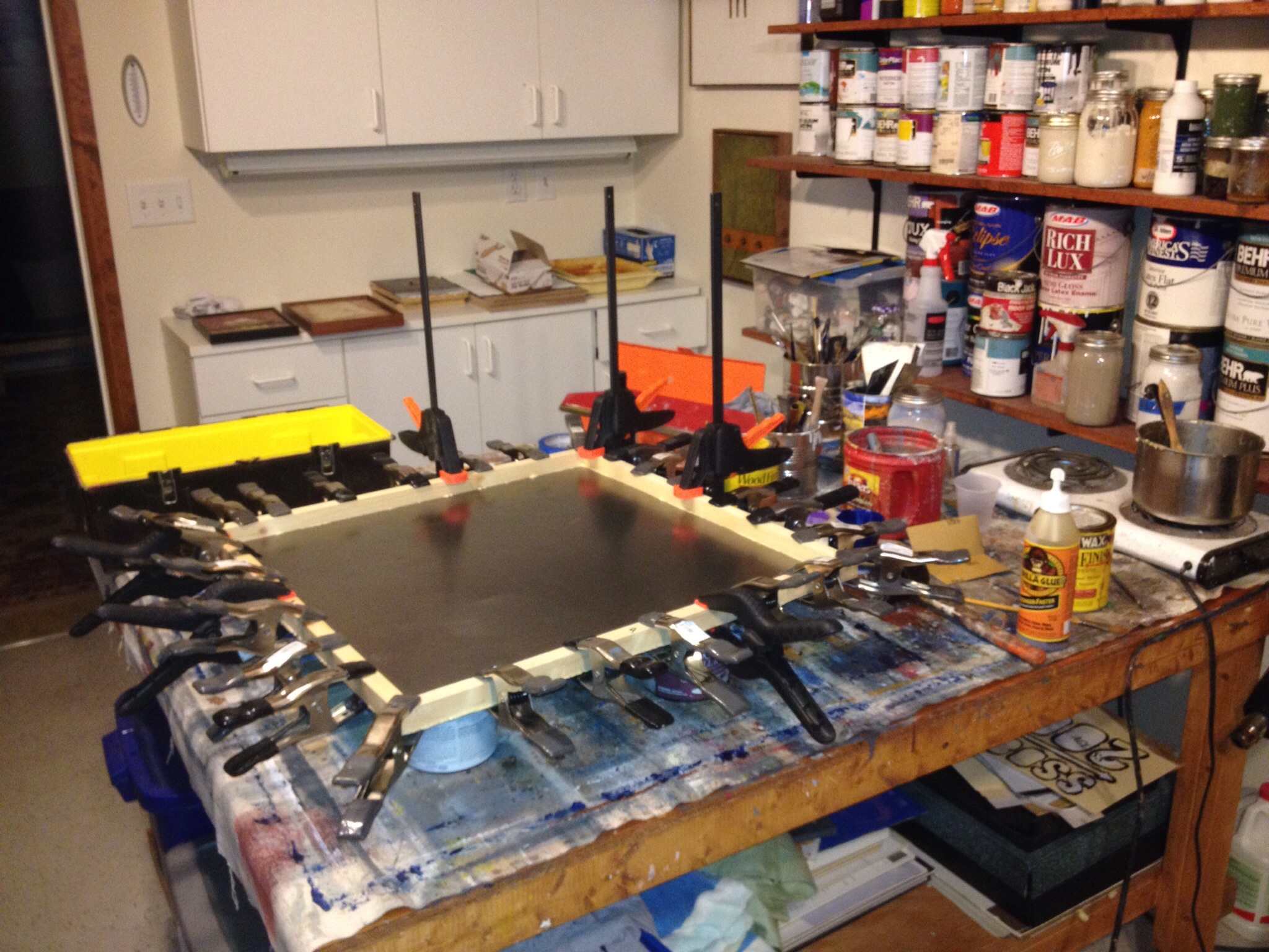 Art studio workbench mess