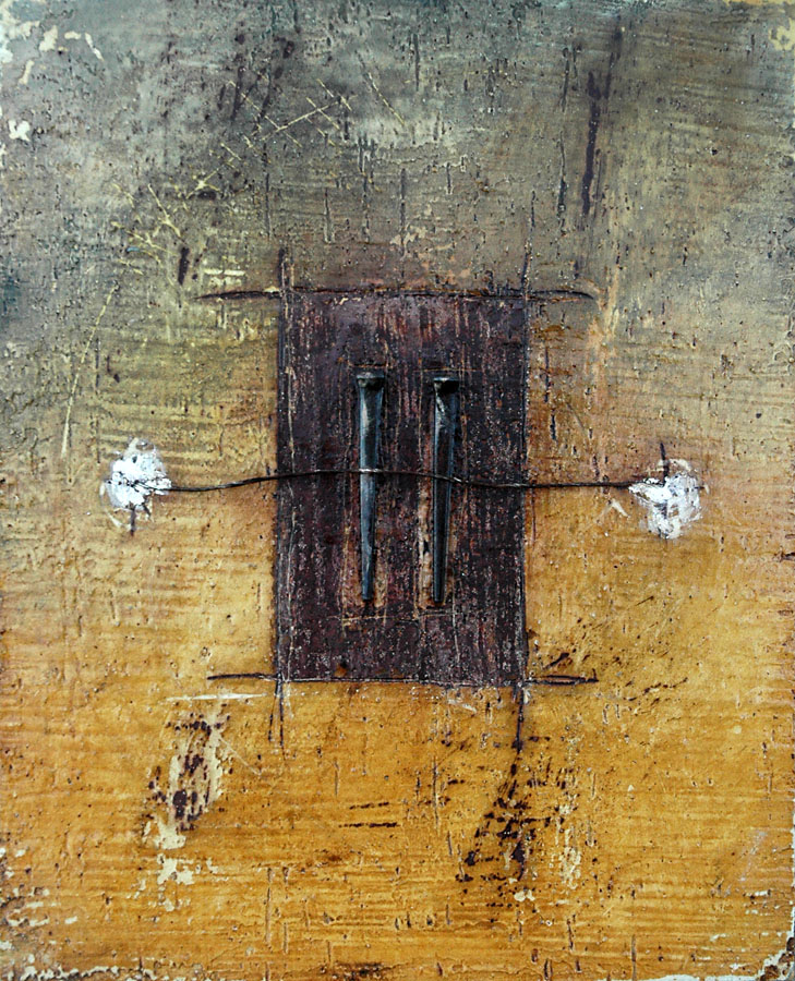 Encaustic with Assemblage Art by Domenick Naccarato titled, "Two Square Cut Nails with Copper Wire"