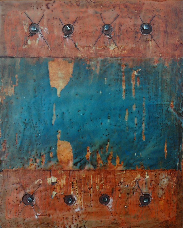 Encaustic with Assemblage Art by Domenick Naccarato titled, "Eight Carpet Tacks"