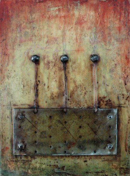 Encaustic with Assemblage Art by Domenick Naccarato titled, "Mending Plate Tethered To Three Bolts"
