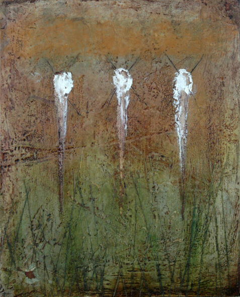 Encaustic with Assemblage Art by Domenick Naccarato titled, "Three White Marks Above Green"