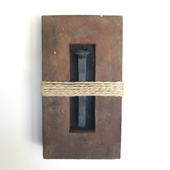'Concrete Remnants, No.7 (With a Railroad Spike)' | apx. 12" x 7" x 2.5" | cement, railroad spike, twine, wood, stain, paint, and oil stick