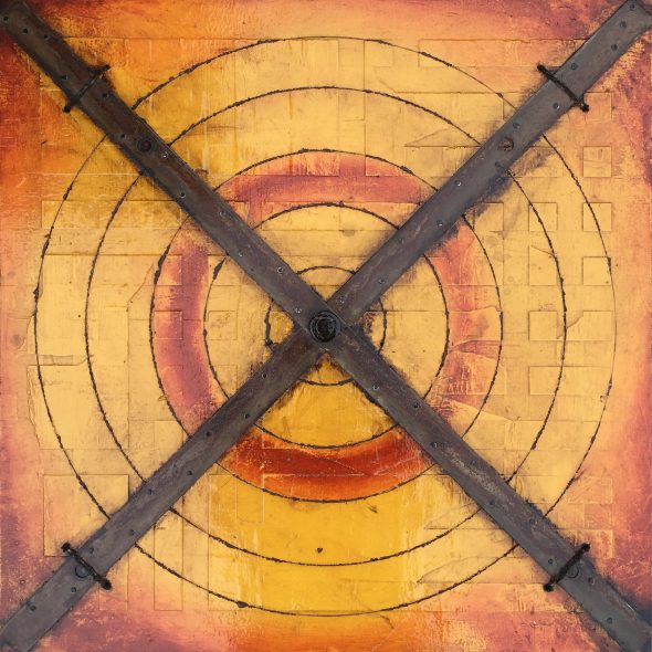 ‘Five Concentric Circles with Tie Straps’ | 24” x 24” | plaster, paint, stain, carriage bolt, tie straps, twine, and oil stick on wood