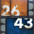 Wall Segments & Markings: 2643 | 56" x 50" | joint compound, paint, wood, brass hinges, roofing tar, oil stick, copper flashing, steel tie straps, screws, and hex bolts on plywood