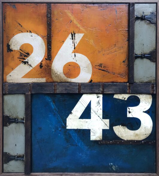 Wall Segments & Markings: 2643 | 56" x 50" | joint compound, paint, wood, brass hinges, roofing tar, oil stick, copper flashing, steel tie straps, screws, and hex bolts on plywood