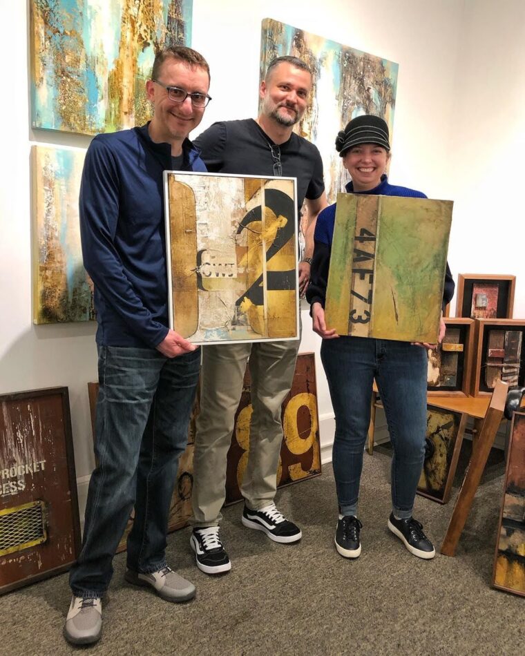 Domenick Naccarato along with a pair of art collectors during his pop-up studio event in Easton.