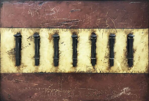 Title: Seven Bound Spikes | Dimensions: 23" x 33 | Medium: paint, plaster, railroad spikes, twine, and roofing tar on plywood |Year: 2018