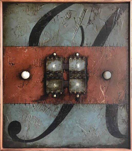 The Breaker Rail and Two Post Caps | 35" x 30" | plaster, paint, roofing tar, breaker rail, fence post caps, oil stick, and pencil on plywood | 2018