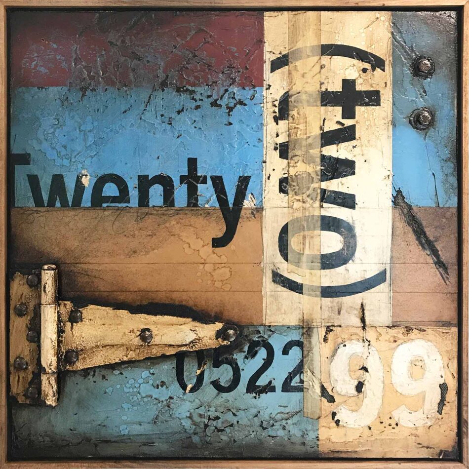 Wall Segments & Markings: 22052299 | 24.5” x 24.5” | paint, joint compound, mesh screen, toner transfer, hinge, panhead bolts, hex bolts and washers, gummed paper tape, masking tape, pencil, and roofing tar on plywood | 2021 | Commissioned