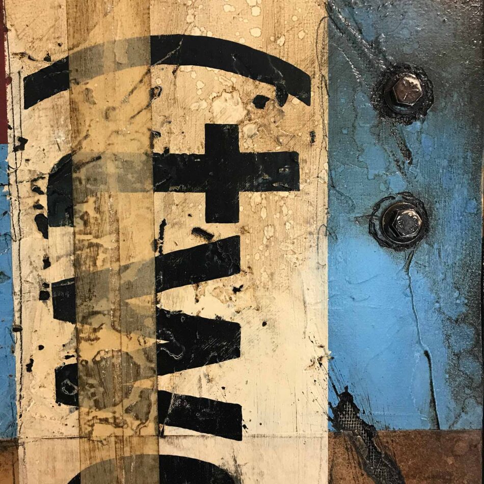 Wall Segments & Markings: 22052299 | 24.5” x 24.5” | paint, joint compound, mesh screen, toner transfer, hinge, panhead bolts, hex bolts and washers, gummed paper tape, masking tape, pencil, and roofing tar on plywood | 2021 | Detail