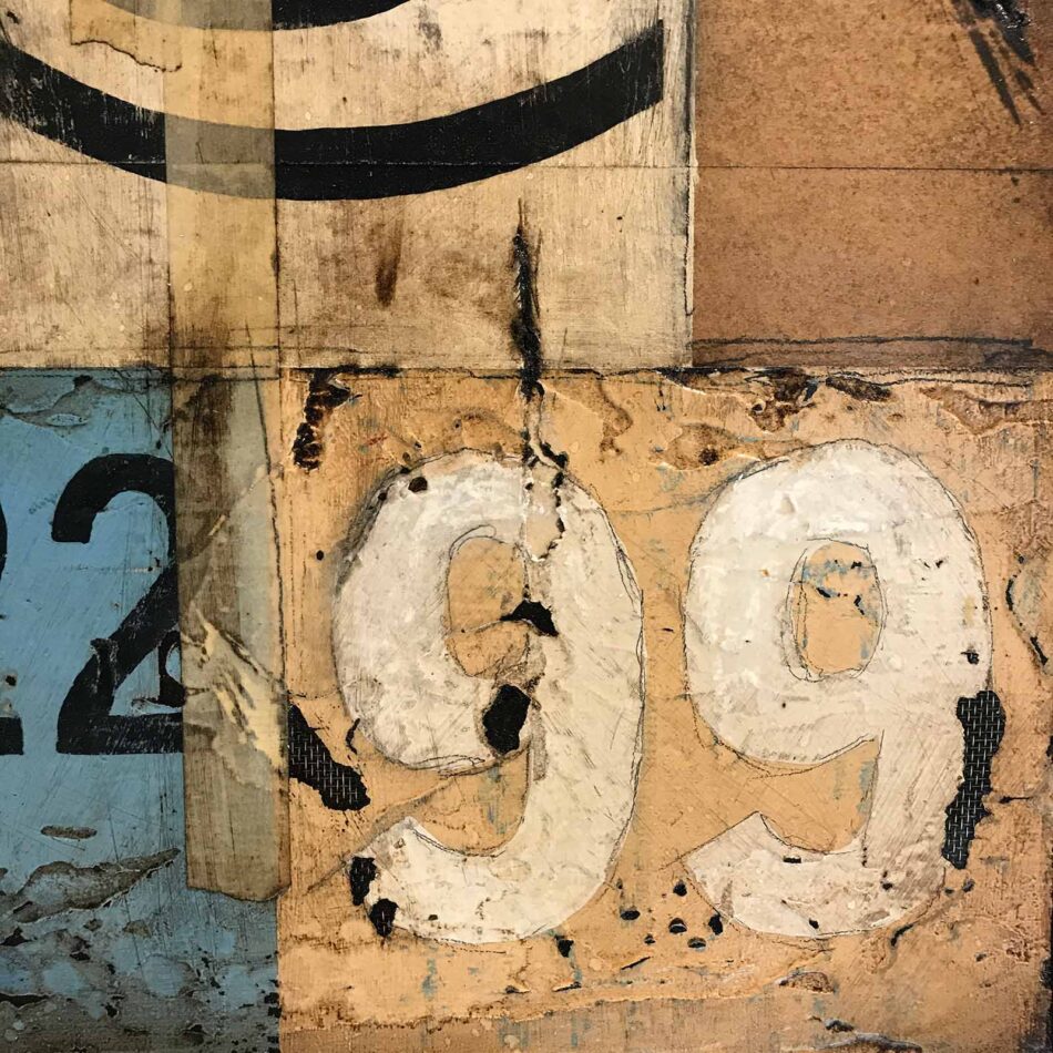 Wall Segments & Markings: 22052299 | 24.5” x 24.5” | paint, joint compound, mesh screen, toner transfer, hinge, panhead bolts, hex bolts and washers, gummed paper tape, masking tape, pencil, and roofing tar on plywood | 2021 | Detail