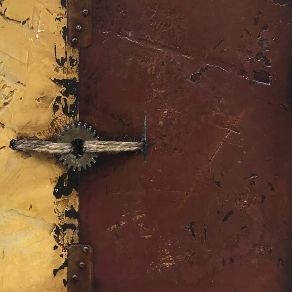 Eleven Between Two Cogs | 19" x 66" | paint, joint compound, mesh screen, roofing tar, oil stick, polyurethane, twine, steel cogs, and mending plates on plywood | 2020