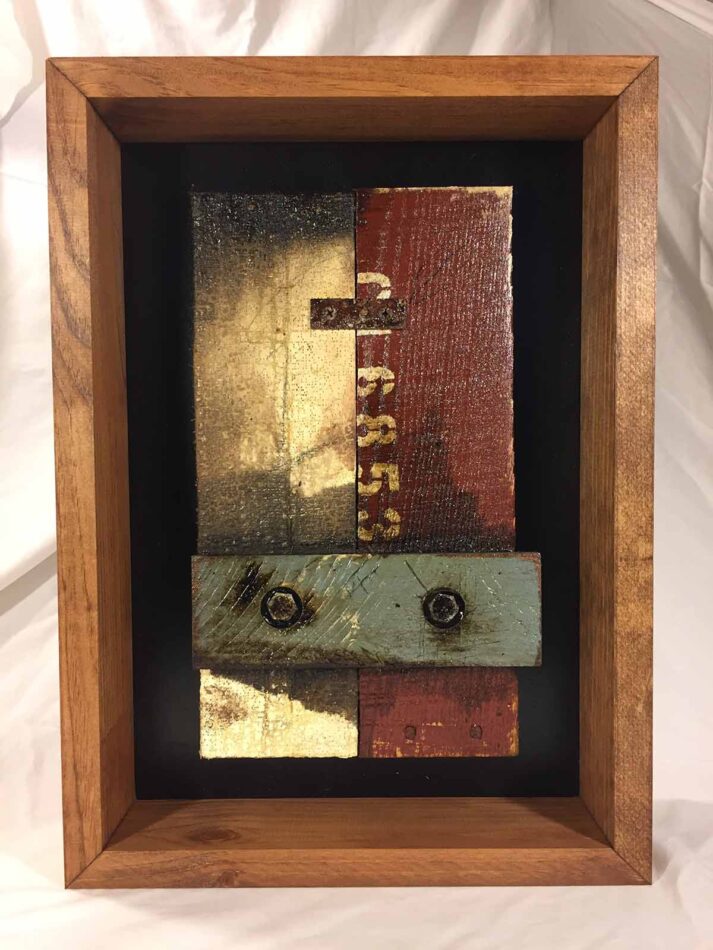 Remnants: Assemblage No. 4 | wood, plaster wrap, hex bolts, tar, screws, bracket, rust, stain, pencil, polyurethane, and paint | 16" x 12" x 2.5" | 2016