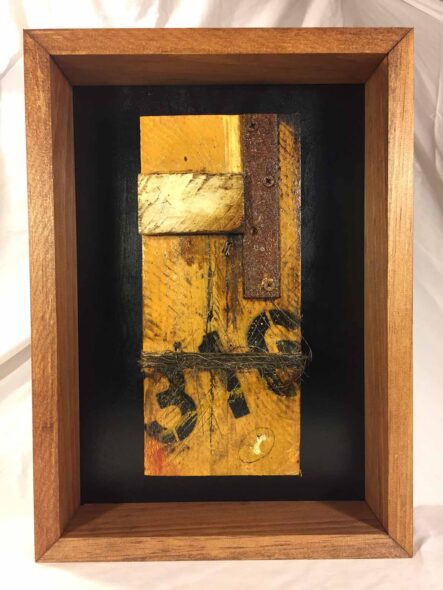 Remnants: Assemblage No. 5 | wood, twine, nails, screws, bracket, rust, staple, stain, pencil, polyurethane, and paint | 16" x 12" x 2.5" | 2016