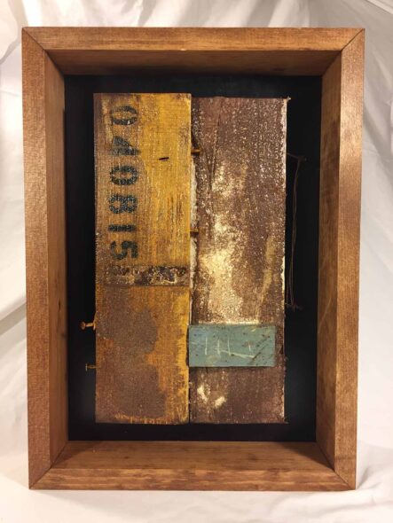 Remnants: Assemblage No. 6 | wood, plaster wrap, nails, cement, wire, screws, bracket, staple, rust, stain, pencil, polyurethane, and paint | 16" x 12" x 2.5" | 2016