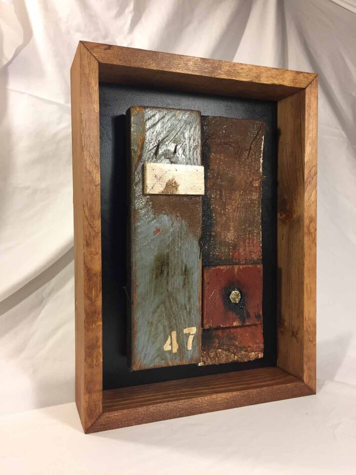 Remnants: Assemblage No. 7 | wood, plaster wrap, nail, cement, hex bolt, rust, tar, stain, pencil, polyurethane, and paint | 16" x 12" x 2.5" | 2016