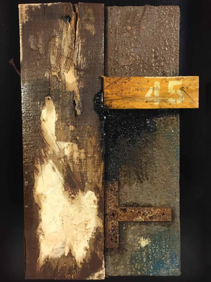 Remnants: Assemblage No. 9 | wood, plaster wrap, joint compound, tar, nails, screws, bracket, rust, stain, pencil, polyurethane, and paint | 16" x 12" x 2.5" | 2016