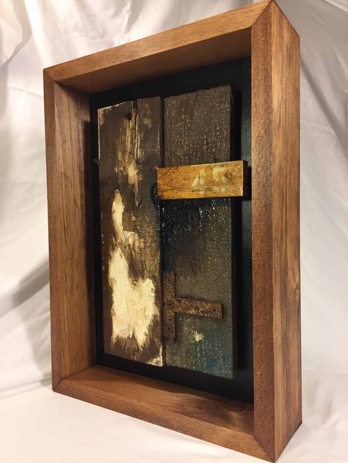 Remnants: Assemblage No. 9 | wood, plaster wrap, joint compound, tar, nails, screws, bracket, rust, stain, pencil, polyurethane, and paint | 16" x 12" x 2.5" | 2016