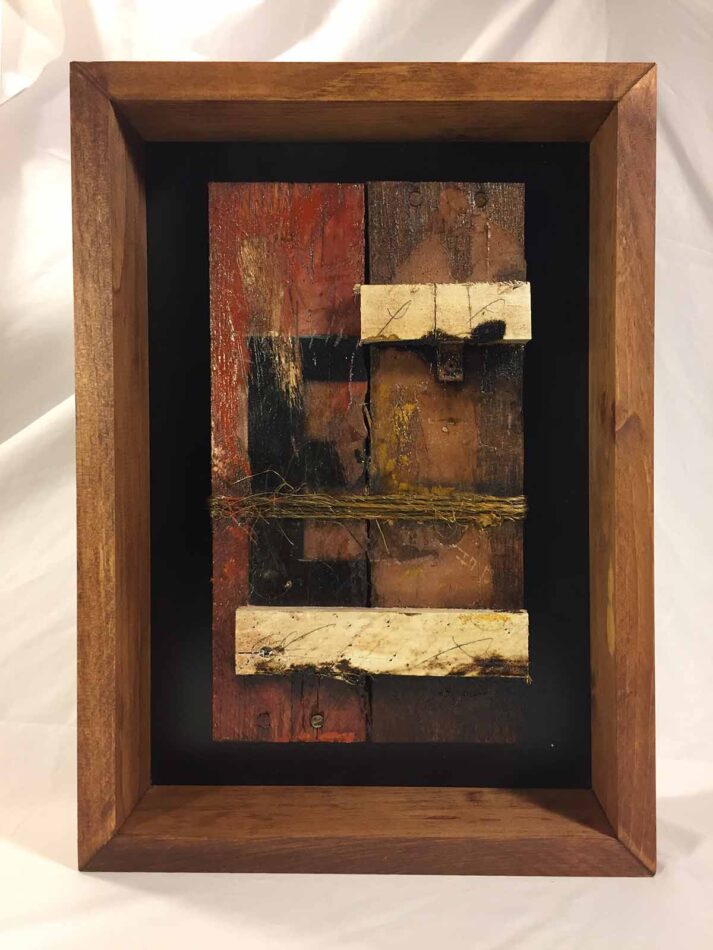 Remnants: Assemblage No. 13 | wood, twine, joint compound, tar, nails, screws, bracket, rust, stain, pencil, polyurethane, and paint | 16" x 12" x 2.5" | 2016