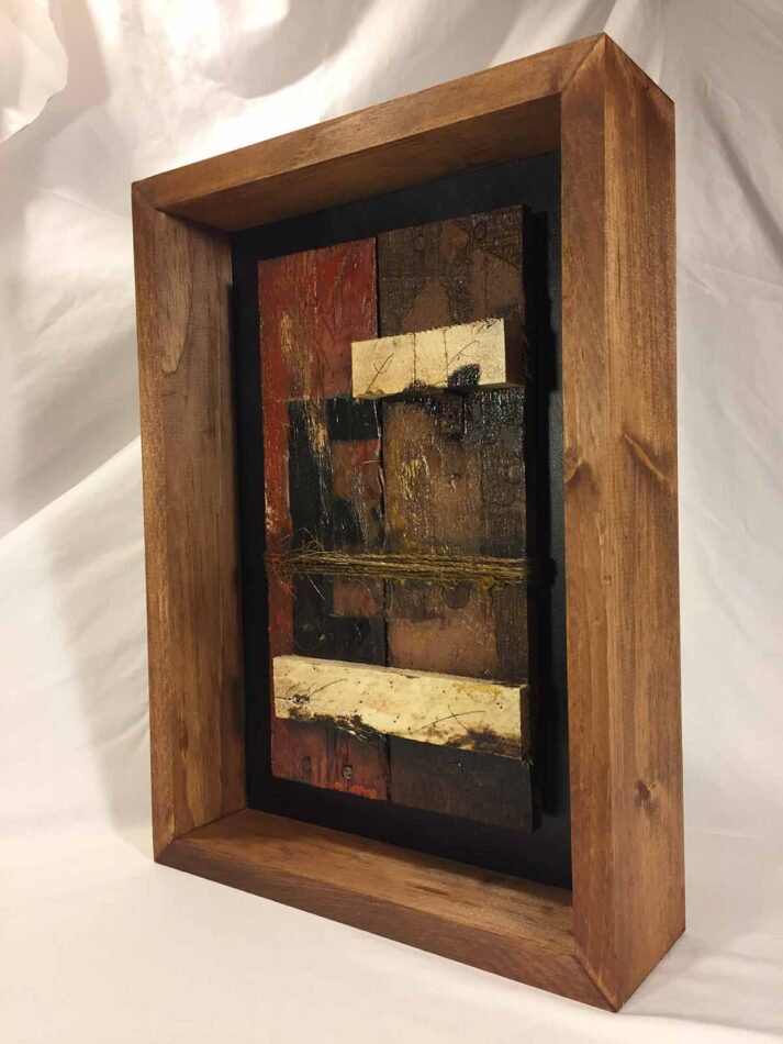 Remnants: Assemblage No. 13 | wood, twine, joint compound, tar, nails, screws, bracket, rust, stain, pencil, polyurethane, and paint | 16" x 12" x 2.5" | 2016