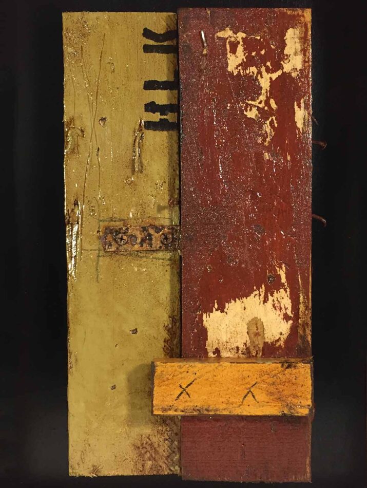 Remnants: Assemblage No. 17 | wood, joint compound, nails, screws, staple, bracket, rust, stain, pencil, polyurethane, and paint | 16" x 12" x 2.5" | 2016