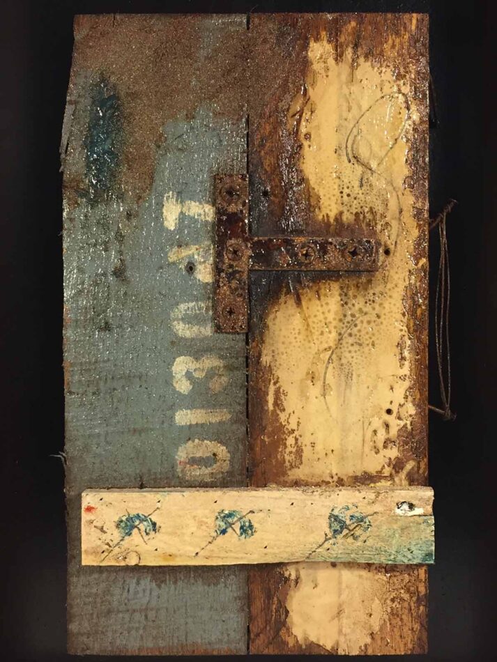 Remnants: Assemblage No. 19 | wood, joint compound, cement, nails, wire, screws, bracket, rust, stain, pencil, polyurethane, and paint | 16" x 12" x 2.5" | 2016