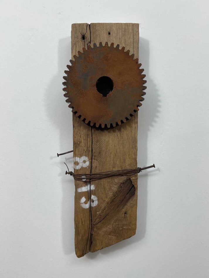 Remnants II: 8-13, Assemblage No. 1 | Apx. 14" x 6" x 2.5" | barn wood, paint, nails, copper wires, and a spur gear