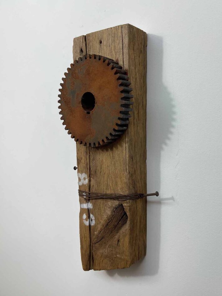 Remnants II: 8-13, Assemblage No. 1 | Apx. 14" x 6" x 2.5" | barn wood, paint, nails, copper wires, and a spur gear