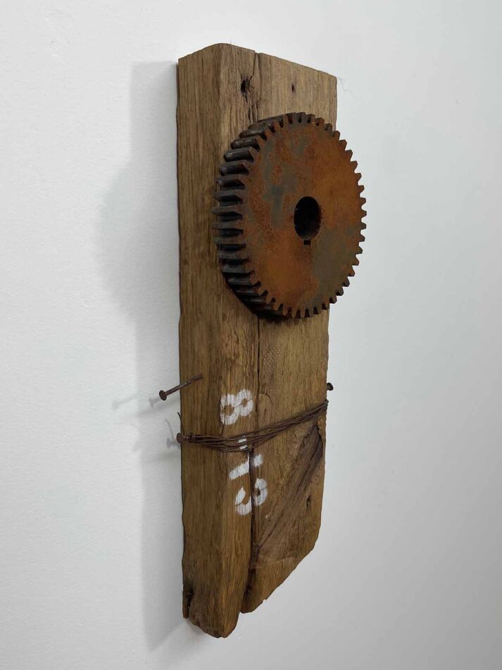 Remnants II: 8-13, Assemblage No. 1 | Apx. 14" x 6" x 2.5" | barn wood, paint, nails, copper wires, and a spur gear
