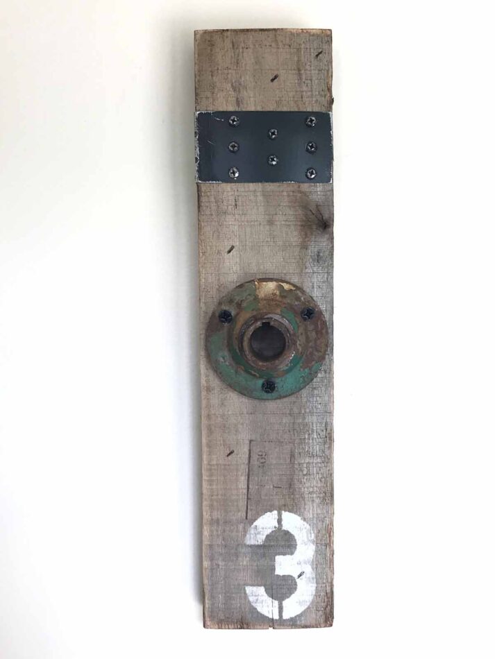 Remnants II: Three, Assemblage No. 10 | Apx. 14.5” x 3.5” x 2.5” | Barn wood, paint, steel bracket, screws, flange | 2018