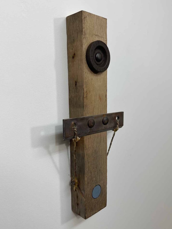 Remnants II: Assemblage No. 11 | Apx. 16”x6.5”x2.5” | Cutting knife, panhead bolts, bearing, screws, paint, epoxy, and twine on barn wood | 2018