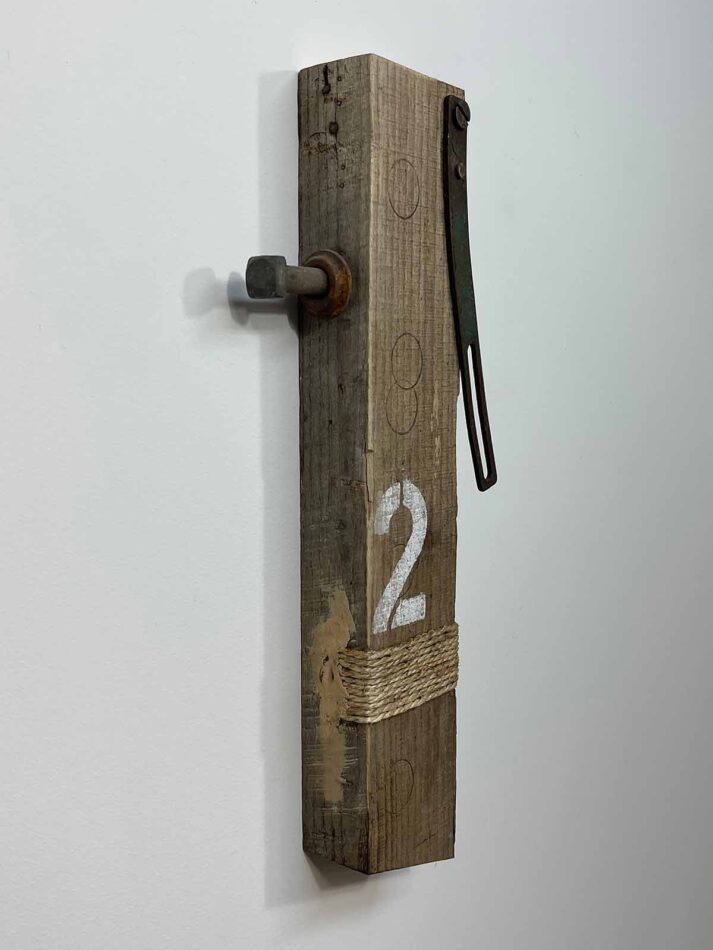 Remnants II: Two, Assemblage No. 12 | Apx. 16”x7”x2.5” | Hex bolt, washer, bracket, screw, nail, twine, bracket, paint, and wood filler on barn wood | 2018