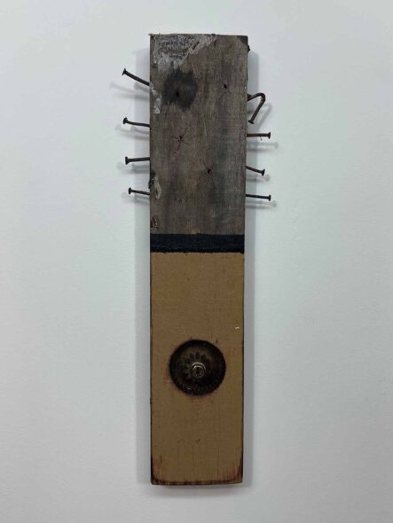 Remnants II: Assemblage No. 14 | Apx. 16" x 5.5" x 2.5" each | nails, paint, tar, tissue paper, double spur gear, socket head cap screws, and hex bolt on reclaimed pallet wood | 2018