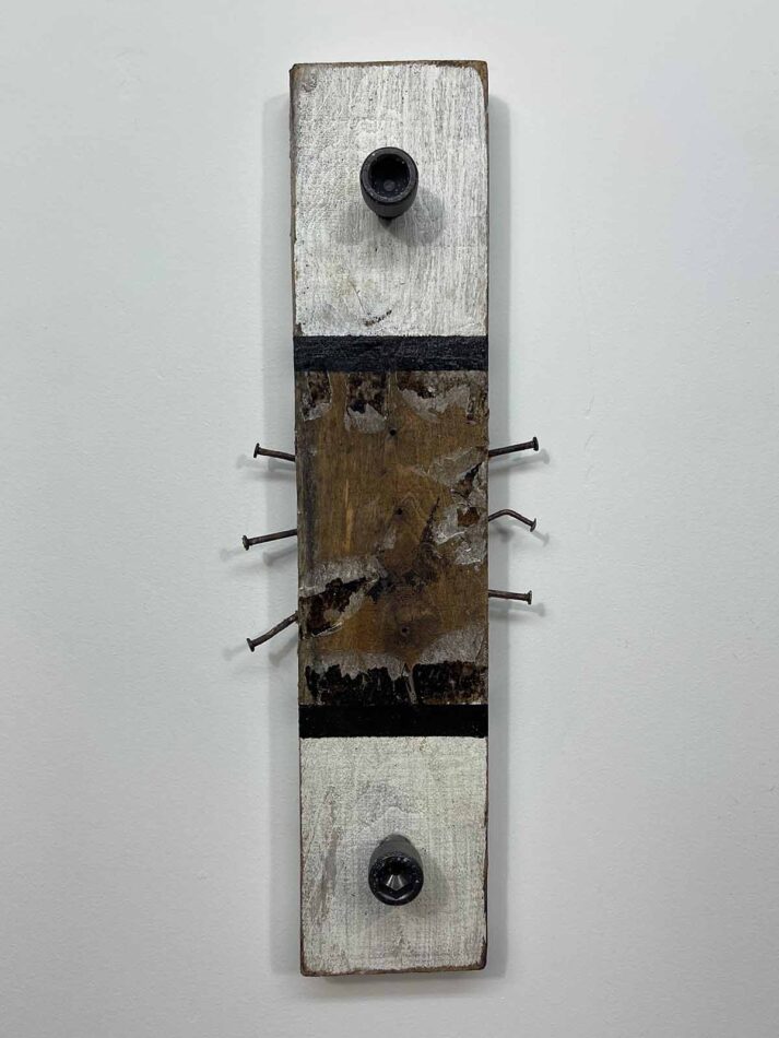 Remnants II: Assemblage No. 15 | Apx. 16" x 5.5" x 2.5" each | nails, paint, tar, tissue paper, double spur gear, socket head cap screws, and hex bolt on reclaimed pallet wood | 2018