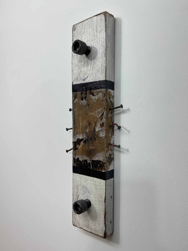 Remnants II: Assemblage No. 15 | Apx. 16" x 5.5" x 2.5" each | nails, paint, tar, tissue paper, double spur gear, socket head cap screws, and hex bolt on reclaimed pallet wood | 2018