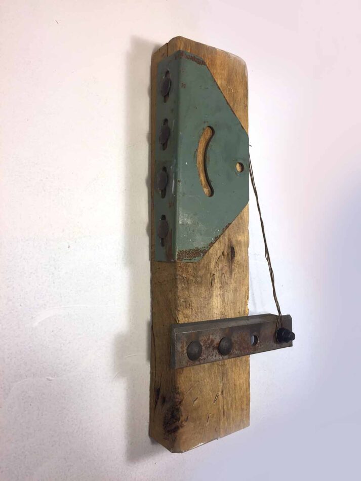 Remnants II: Assemblage No. 2 | Apx. 16" x 7" x 3" | barn wood, metal bracket, cutting knife, pan head bolts, copper wire, roofing nail, spray paint | 2017