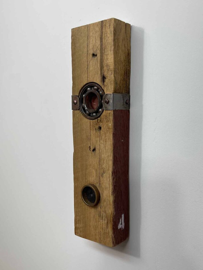 Remnants II: Assemblage No. 4 | Apx. 15” x 4” x 2” | barn wood, bearing, brass tube, steel brackets, screws, and paint | 2017