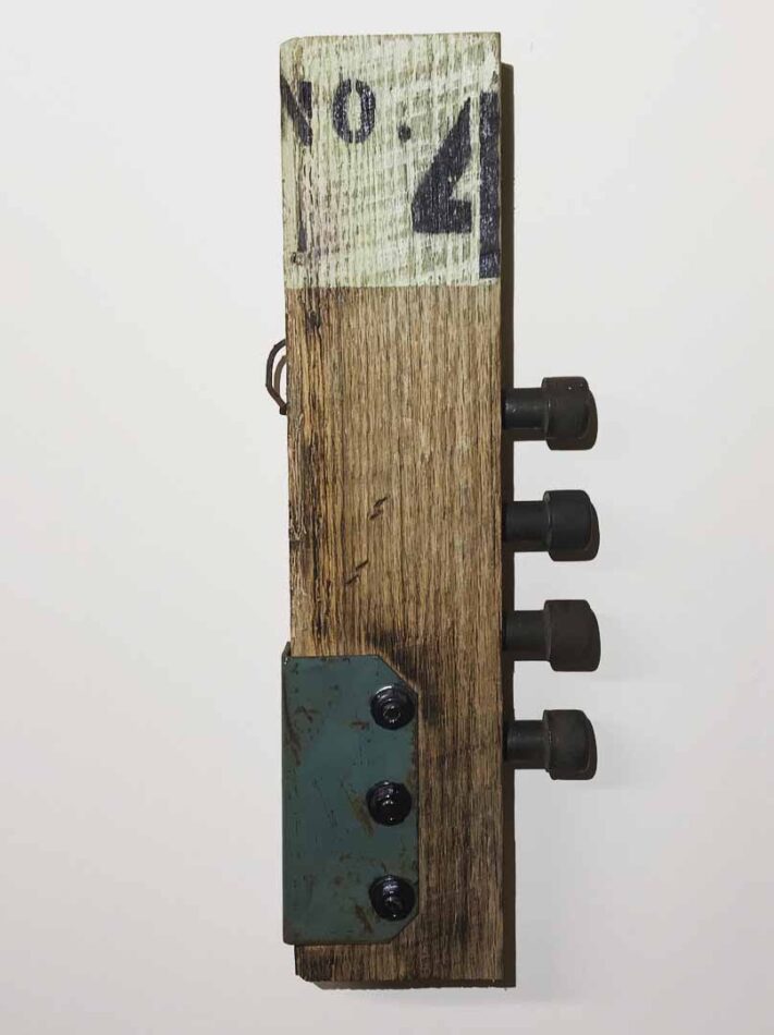 Remnants II: No. 4, Assemblage No. 7 | Apx. 16.5” x 6” x 2” | Barn wood, paint, bracket, three hex bolts, nuts, and washers, four socket cap bolts, and one nail | 2017