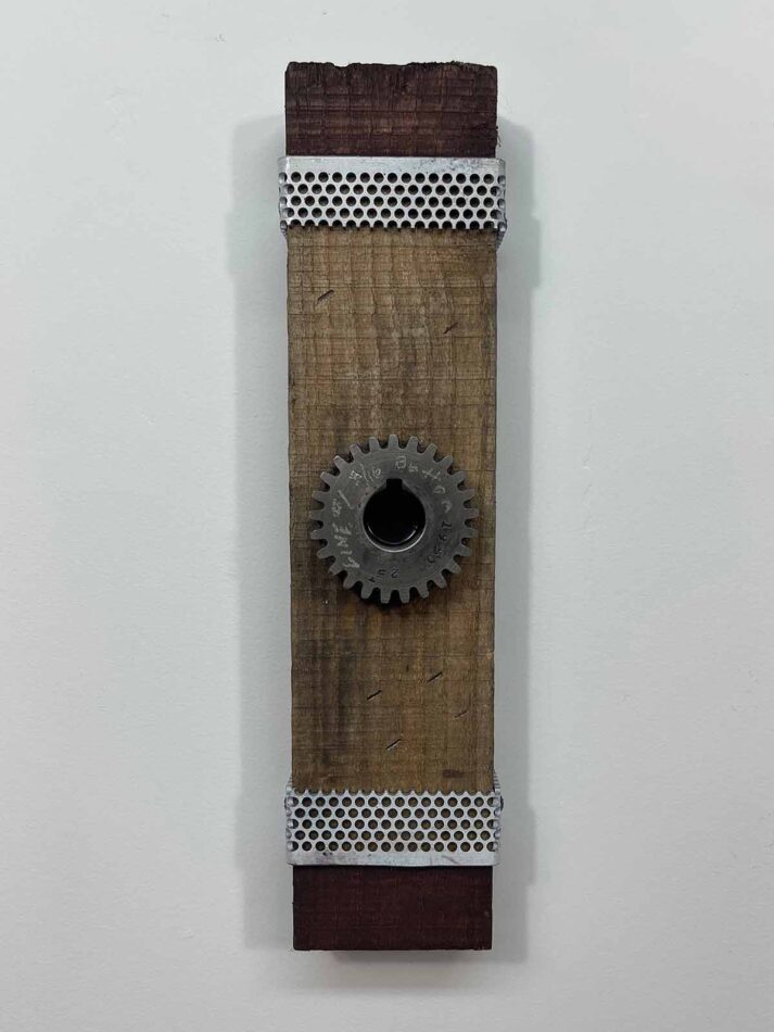 Remnants II: Assemblage No. 9 | Apx. 14.5” x 3.5” x 2.5” | Barn wood, paint, perforated steel, screws, spur gear | 2018