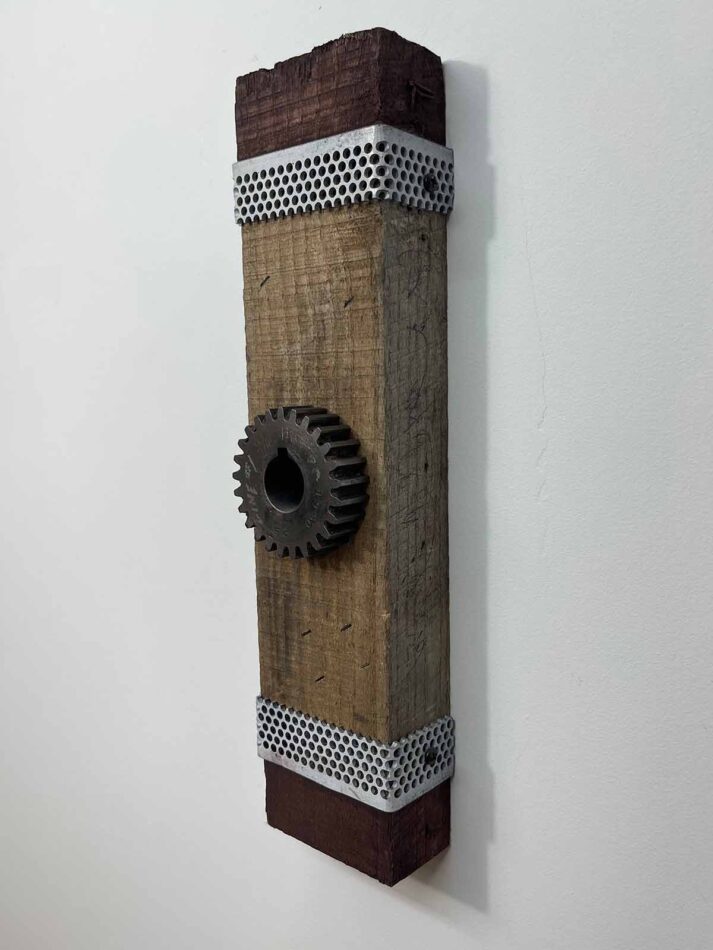 Remnants II: Assemblage No. 9 | Apx. 14.5” x 3.5” x 2.5” | Barn wood, paint, perforated steel, screws, spur gear | 2018