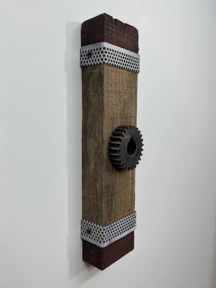 Remnants II: Assemblage No. 9 | Apx. 14.5” x 3.5” x 2.5” | Barn wood, paint, perforated steel, screws, spur gear | 2018