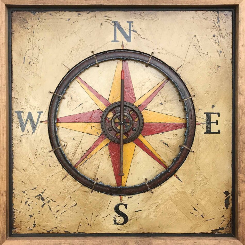 Compass | 26" x 26" | paint, plaster, roofing tar, and assemblage elements on plywood | 2018