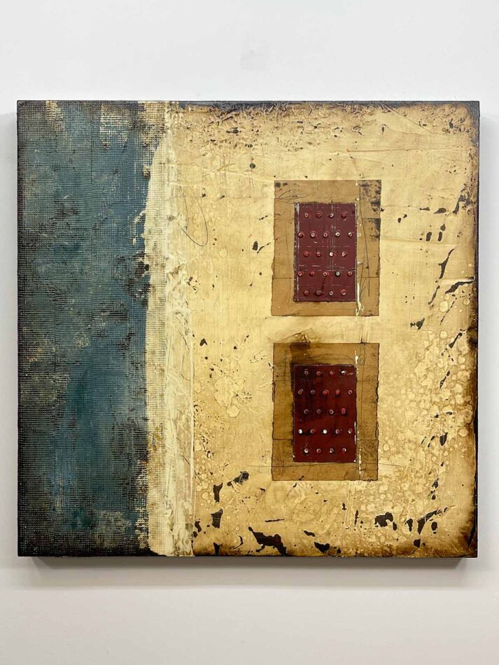 Abstract art using a variety of media. Title: A set of Burgundy Tie Plates | Dimensions: 23.5" x 23.5" | Mediums: joint compound, latex paint, oil paint, tie plates, nails, gummed paper tape, pencil, fiberglass mesh tape, and roofing tar on plywood | Year: 2021