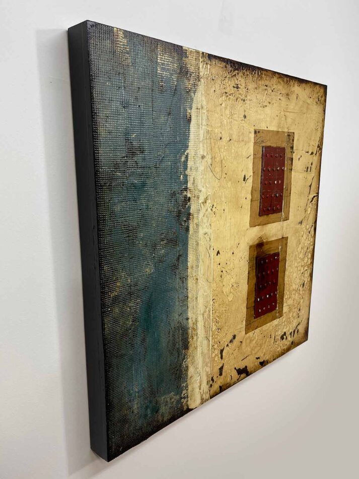 Abstract art using a variety of media. Title: A set of Burgundy Tie Plates | Dimensions: 23.5" x 23.5" | Mediums: joint compound, latex paint, oil paint, tie plates, nails, gummed paper tape, pencil, fiberglass mesh tape, and roofing tar on plywood | Year: 2021