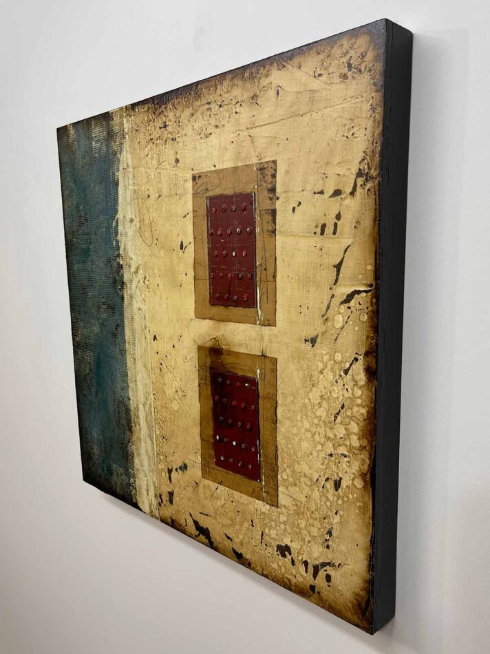 Abstract art using a variety of media. Title: A set of Burgundy Tie Plates | Dimensions: 23.5" x 23.5" | Mediums: joint compound, latex paint, oil paint, tie plates, nails, gummed paper tape, pencil, fiberglass mesh tape, and roofing tar on plywood | Year: 2021