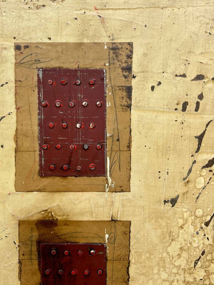 Abstract art using a variety of media. Title: A set of Burgundy Tie Plates | Dimensions: 23.5" x 23.5" | Mediums: joint compound, latex paint, oil paint, tie plates, nails, gummed paper tape, pencil, fiberglass mesh tape, and roofing tar on plywood | Year: 2021