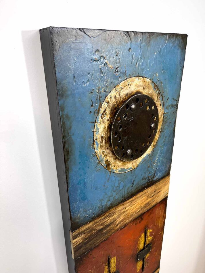 Abstract assemblage art. Assembled Composition 100721 | 48" x 16" | floor drain, wood, steel mending plates, carriage bolts, screws, twine, bolts, house paint, oil stick, joint compound, mesh screen, and roofing tar on plywood | 2021