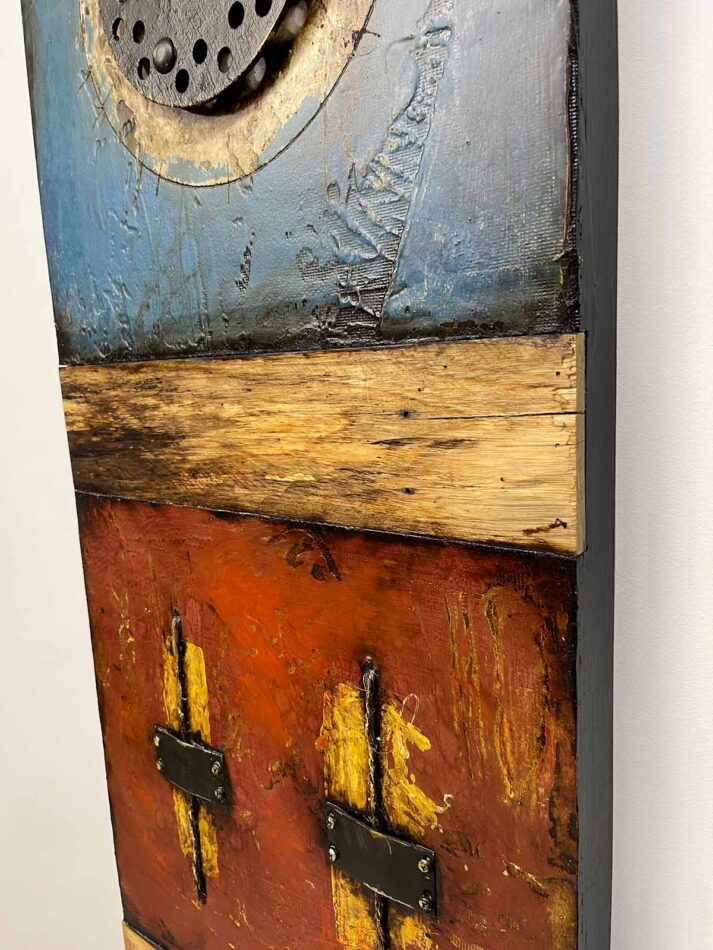 Abstract assemblage art. Assembled Composition 100721 | 48" x 16" | floor drain, wood, steel mending plates, carriage bolts, screws, twine, bolts, house paint, oil stick, joint compound, mesh screen, and roofing tar on plywood | 2021