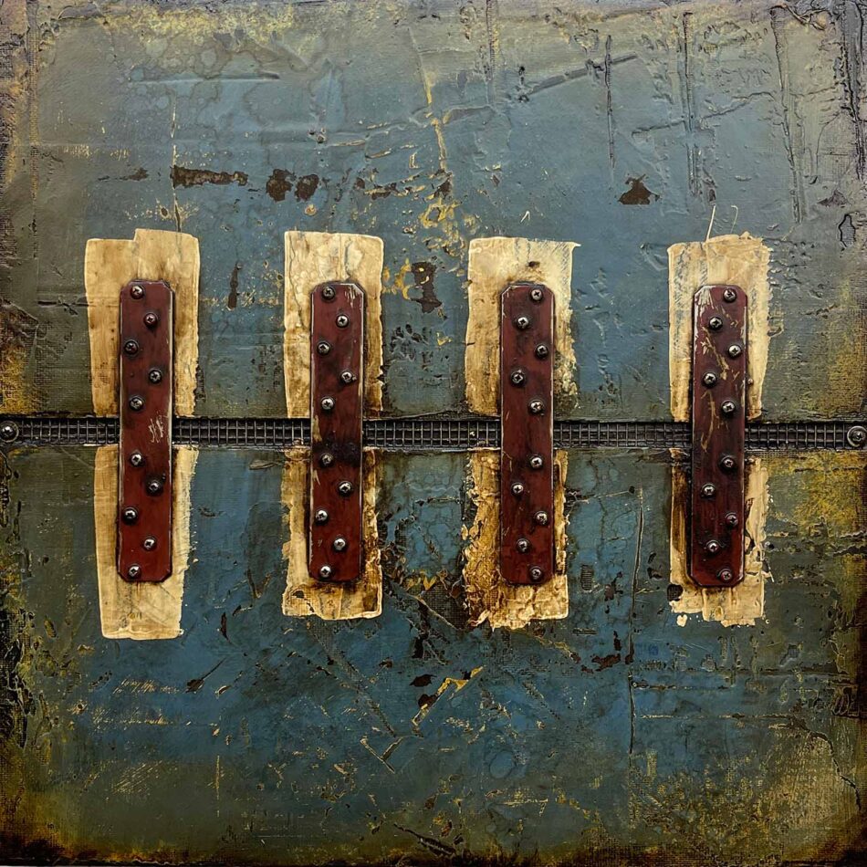 Abstract art with assemblage elements | Artist: Domenick Naccarato | Title: Four 12ga Strap Ties Across a Textured Surface | Dimensions: 23.5" x 23.5" | Mediums: strap ties, screws, washers, wire mesh, latex paint, oil stick, roofing tar, and polyurethane on plywood | Year: 2021